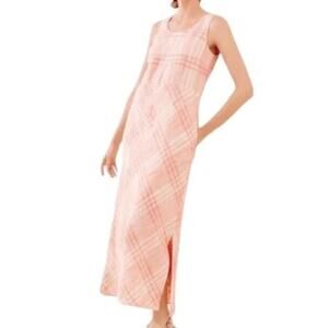 J Jill Love Linen Maxi Dress Size LP Pink Plaid Sleeveless Beach NEW